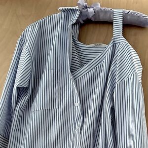 blue and white striped off the shoulder button-up top